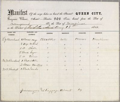 Manifest, steamboat Queen City, 18 August 1855