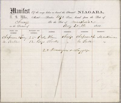 Manifest, steamboat Niagara, 20 August 1855