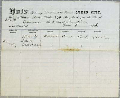 Queen City, Manifest, 6 June 1856