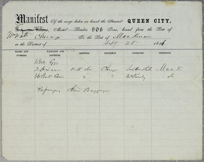 Queen City, Manifest, 25 September 1856