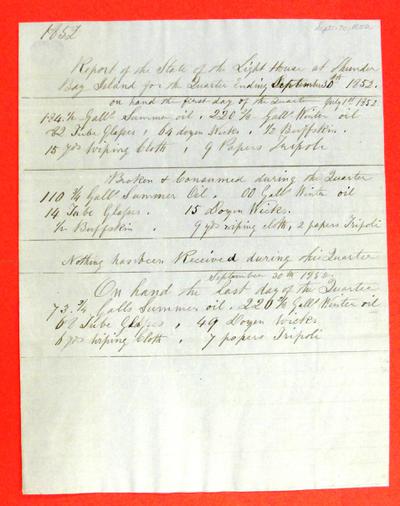 Thunder Bay Island Lighthouse, Quarterly Report, Report, 30 September 1852