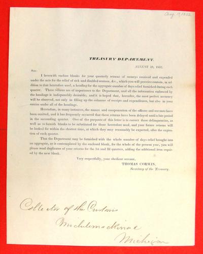 from Thomas Corwin, Secretary of the Treasury, dated 19 August 1852 regarding quarterly returns of funds for sick and disabled seamen. , Circular, 19 August 1852