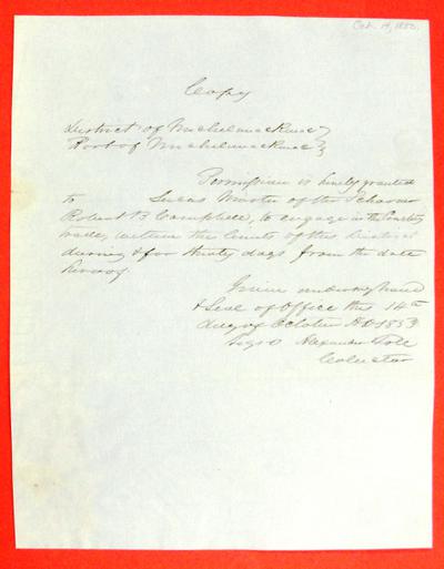 Robert B. Campbell, Permit, 14 October 1853