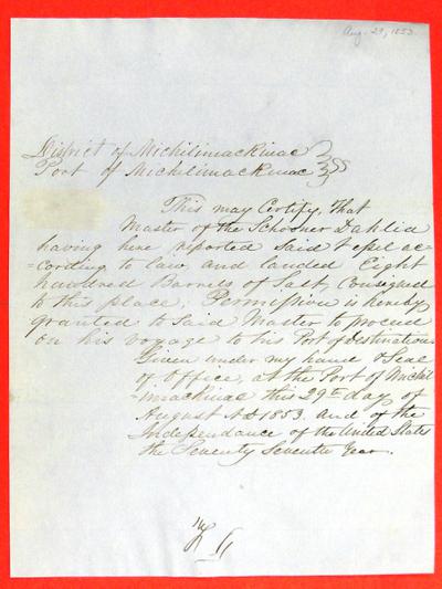 Dahlia, Permit, 29 August 1853