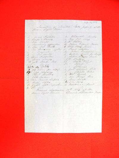 Public property at the Beaver Light House, Inventory, 14 September 1853