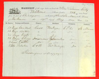 Queen City, Manifest, 14 August 1854