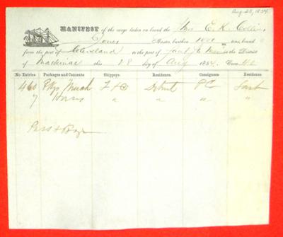 E. K. Collins, Manifest, 28 August 1854