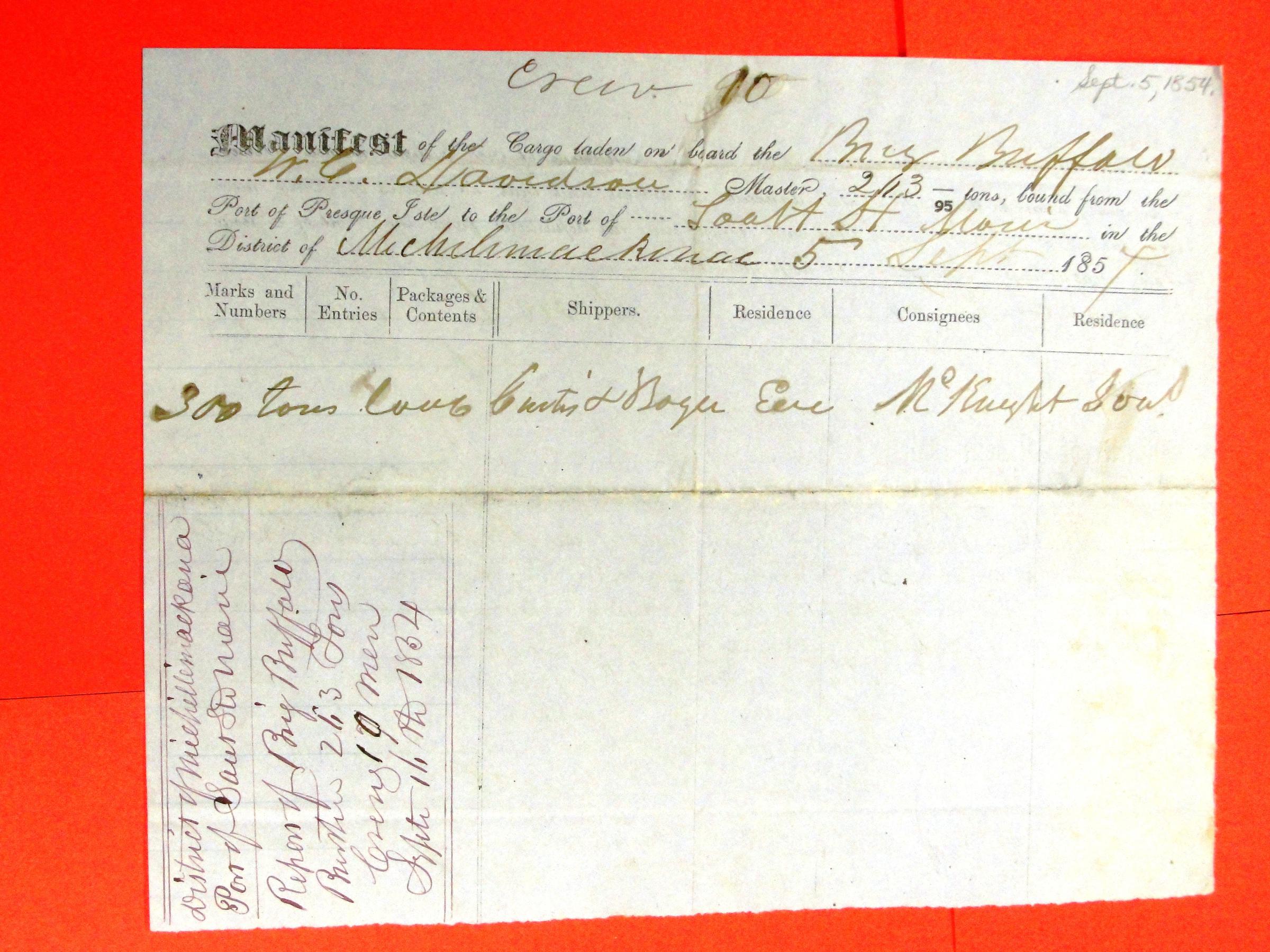 Buffalo, Manifest, 5 September 1854