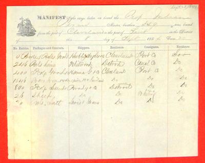 Indiana, Manifest, 8 September 1854