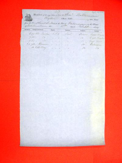 Baltimore, Manifest, 13 September 1854