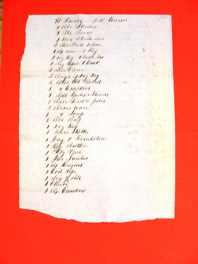 Sundries, Beans, Crowbars, Pork, flour, Hard Bread, Crackers, Spades & Shovels, Tent & Poles, Soap, Beef, Kettle, Grindstone, Butter, Pan, Paisins, Rope, Cheese, Candles, Manifest , 1847