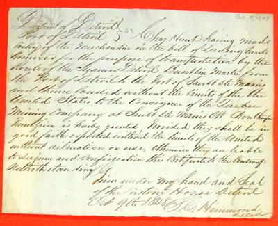 Detroit, Permit, 9 October 1848