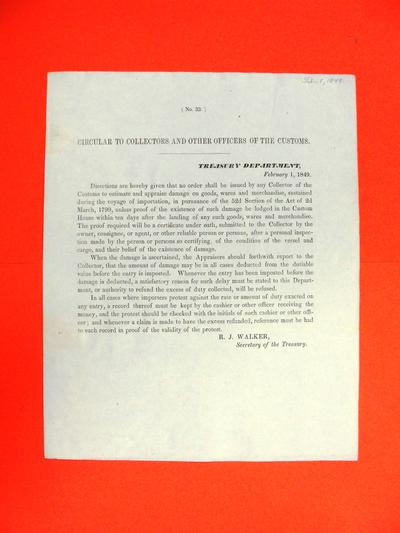 R. J. Walker, Secretary of the Treasury, re system of appraisal of damaged goods, Circular, 1 February 1848