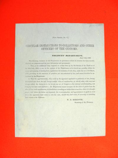 W. M. Meredith, Secretary of the Treasury re penalties and appraisals, Circular, 11 June 1849