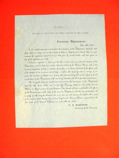 W. M. Meredith, Secretary of the Treasury, re corrections of errors, and allowance for damage, CIrcular, 27 July 1849