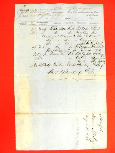 Michigan, Manifest, 1 August 1849