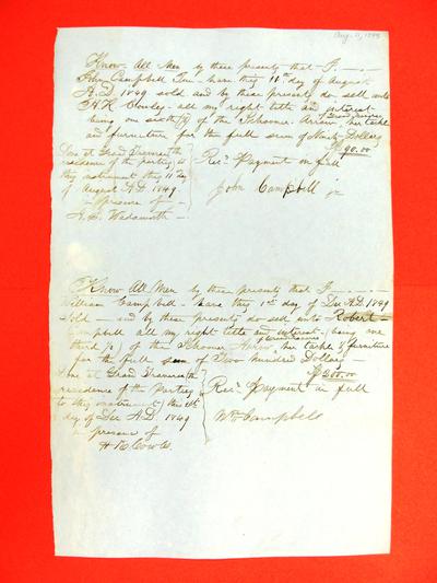 Arrow, Bill of Sale, 11 August 1849