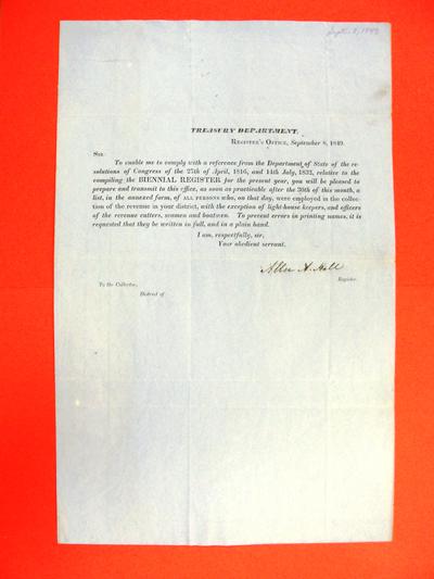 Allen A. Hall, register, Treasury Department, re list of persons employed in the collection of the revenue, CIrcular, 8 September 1849