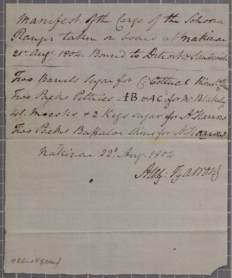 Manifest, Schooner Ranger, Alexander Harrow, 22 August 1804