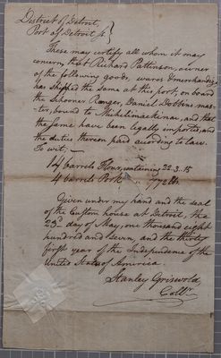 Certificate, Schooner Ranger, 23 May 1807