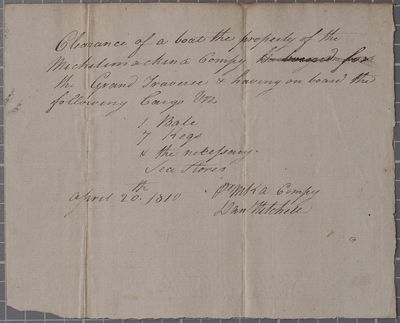 Clearance, boat, Michilimackinac Company, 20 April 1810