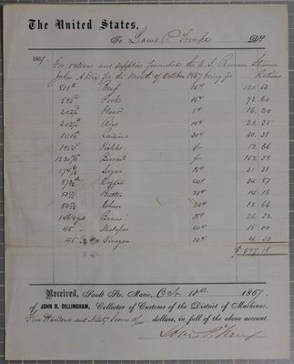 Revenue Cutter John A. Dix, voucher and requisition for rations, 10 October 1867