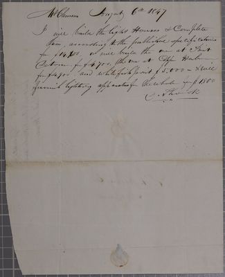 D. Shook, proposal for Detour, Copper Harbour, Whitefish Point lighthouses, 7 August 1847