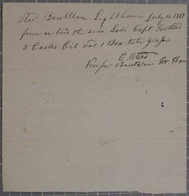 Bois Blanc Light, receipt for oil, 10 July 1837