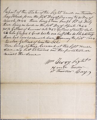 Report of the State of Outer Thunder Bay Island Lighthouse, 1st Quarter 1844