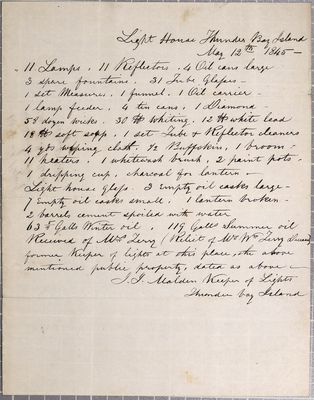 Inventory, Thunder Bay Island Lighthouse, 12 May 1845