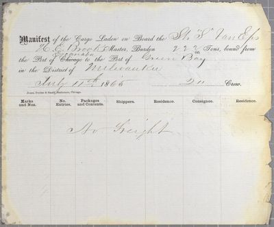 Manifest Steamer Sarah Van Eps, 11 July 1865