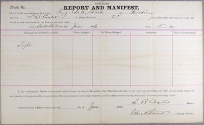 Report and Manifest, Tug Charles West, 7 June 1886