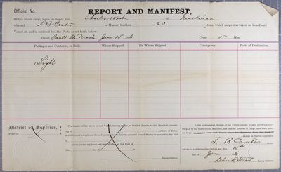 Report and Manifest, Tug Charles West, 15 June 1886