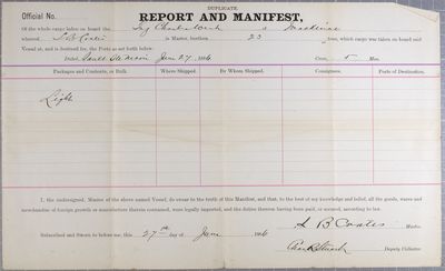 Report and Manifest, Tug Charles West, 27 June 1886