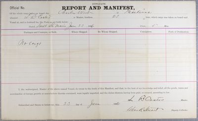 Report and Manifest, Tug Charles West, 23 June 1886