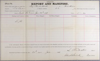 Report and Manifest, Tug Charles West, 22 June 1886