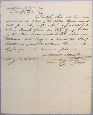 Certificate, sloop Hunter, 3 May 1803