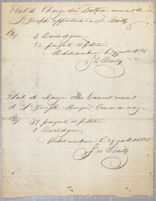 Manifest, batteau, Joseph Bailly, 29 July 1805