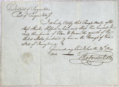 Certificate, Sloop Hunter, 20 May 1806