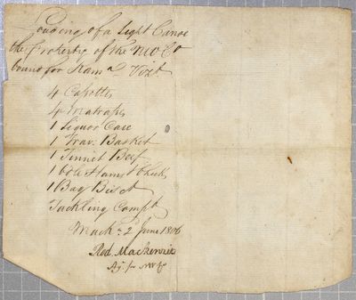 Lading, light canoe, North West Company, 2 June 1806