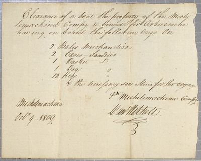 Clearance, boat, Michilimackinac Company, 9 October 1809