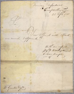 Letter, W. G. D. Worthington, Treasury Department to W. Gamble, 25 September 1815