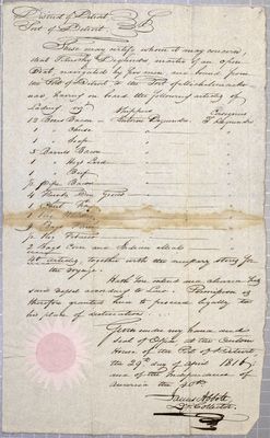 Certificate, open boat, Timothy Dequindre, 29 April 1816