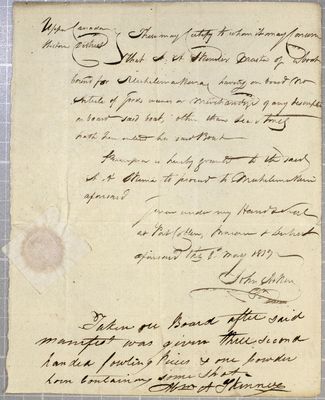 Certificate, boat, A. A. Skinner, 8 May 1817