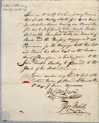 Certificate and manifest, boat, Joseph Bailly, 8 June 1817