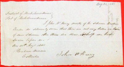 Oath, John McHarry schooner Western Trader, 20 August 1840