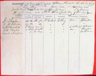 Manifest, steamboat Columbus, 9 August 1842