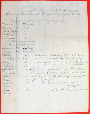 Report of the State of Bois Blanc Island Lighthouse, 2nd Quarter 1843