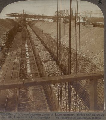 Piles of iron-ore between docks of Lake steamers (right) and railways to mills, Conneaut, Ohio