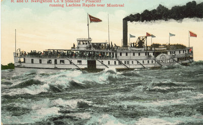 R. and O. Navigation Co.'s Steamer &quot;Prescott&quot; running Lachine Rapids near Montreal